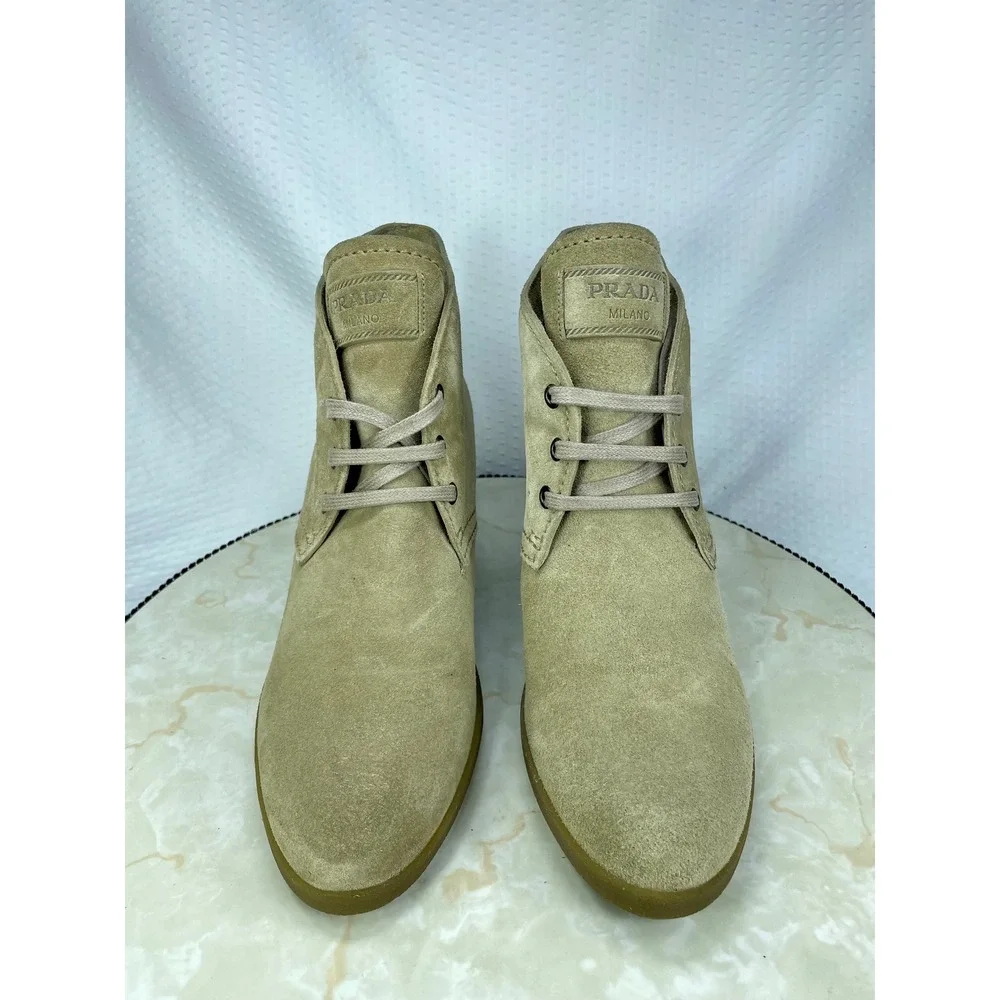 Prada Linea Rossa Suede Lace Up Wedge Booties Womens 9.5 Tan Luxury Chukka Boots